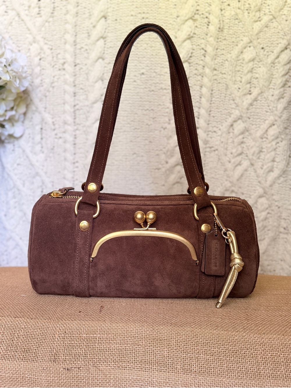 Coach Kisslock Barrel Suede Shoulder Bag